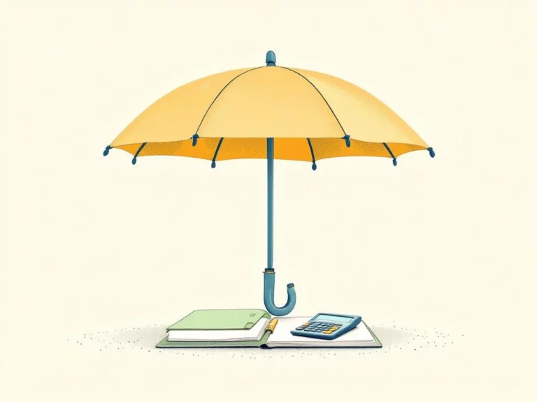 Gele paraplu beschermt documentenmap en rekenmachine, symboliseert erfplanningsbescherming voor bedrijfsopvolging