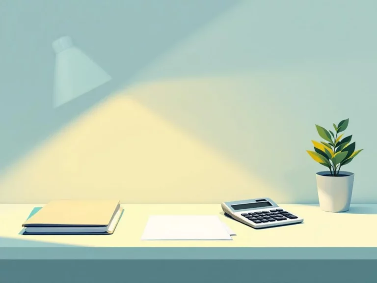 Moderne zakelijke werkplek met rekenmachine, documenten en plantje in minimalistische stijl met warme verlichting