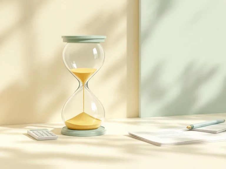 Zandloper met gouden zand naast rekenmachine en documenten op crème ondergrond, symboliseert timing financiële planning