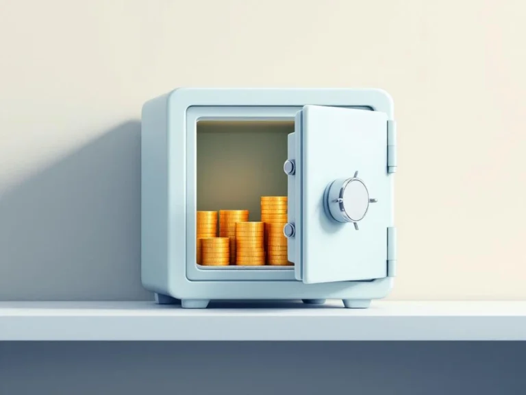 Moderne kluis met gouden munten en investeringsdocumenten op minimalistische bureau, symboliseert financiële zekerheid