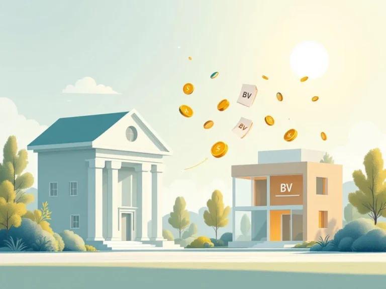 Bank en BV kantoorgebouw verbonden door pijl met zwevende muntstapels en documenten, professionele financiële overdracht illustratie