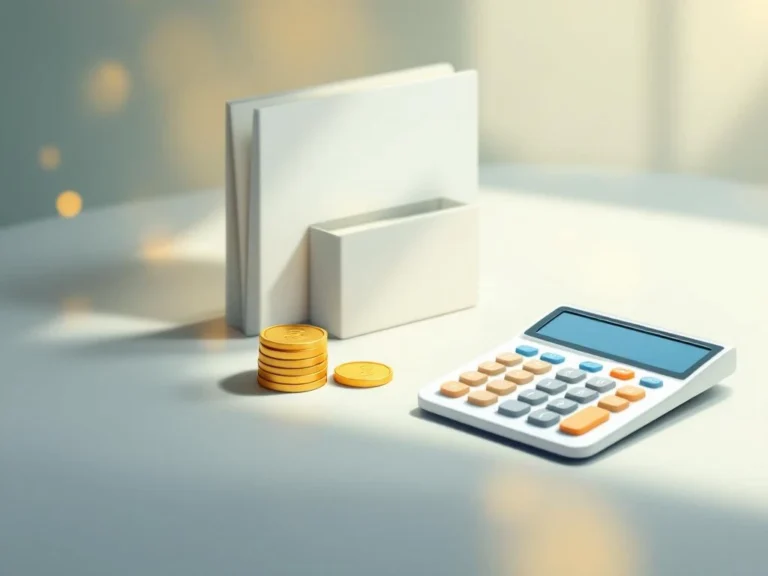 Hoeveel moet ik oprenten in mijn Stamrecht BV? Stapel munten naast rekenmachine op crème oppervlak met document map, professionele financiële planning illustratie