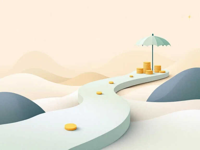 Vanaf wanneer moet ik starten met uitkeren uit mijn Stamrecht BV? Professionele illustratie van een tijdlijn naar pensioen met mijlpalen, muntstapels en beschermende paraplu in zachte kleuren