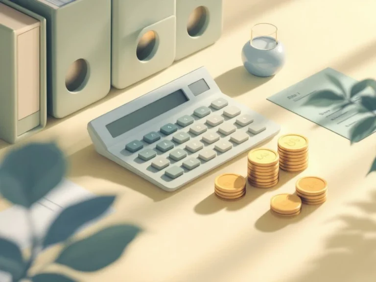 Hoeveel kan ik uitkeren uit mijn Stamrecht BV? Rekenmachine en muntenstapels op crème achtergrond met groene documentmappen voor financiële dienstverlening