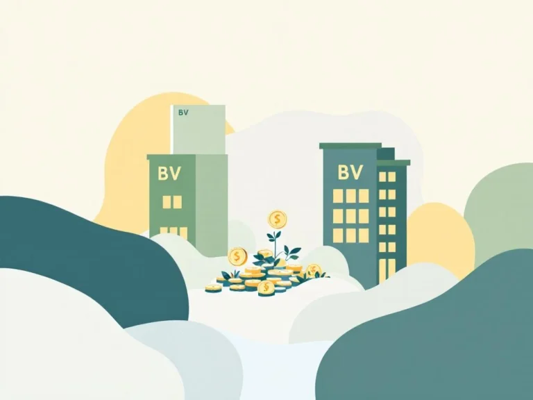 Documenten map met munten tussen twee BV gebouwen, illustratie van bedrijfsleningen in zachte groene en blauwe tinten